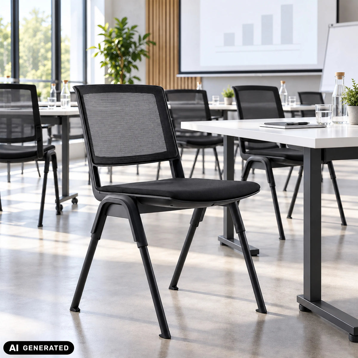 Silla de confidente MEET WA en negro con respaldo de malla en una sala de reuniones de hjh OFFICE (imagen generada por IA)