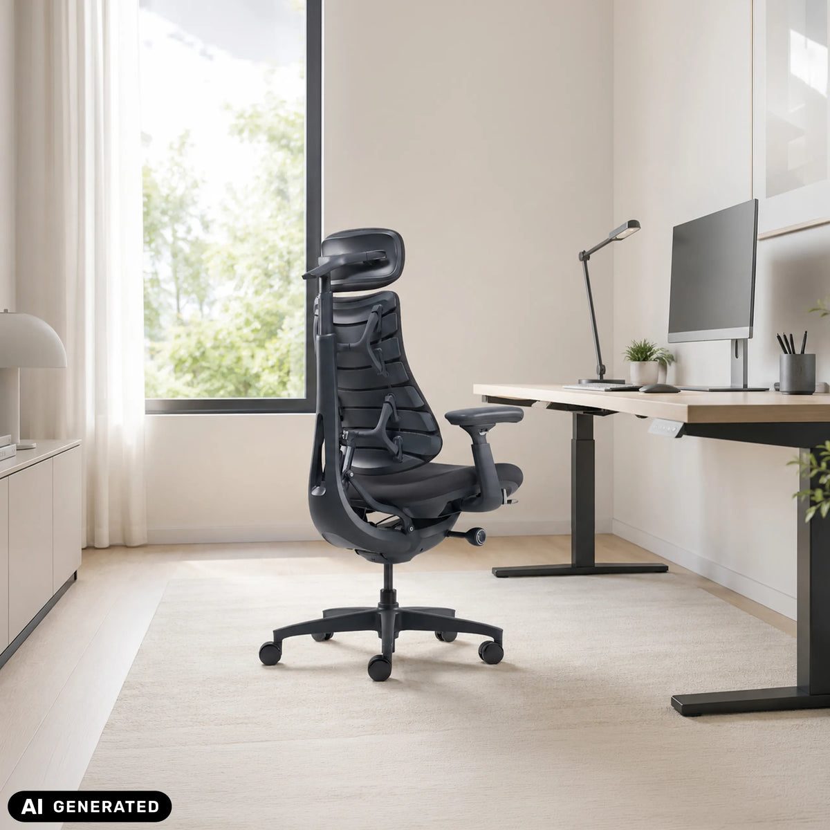 Silla alta gama LiberNovo Omni de color negro en un escritorio regulable en altura de Libernovo (imagen generada por IA)