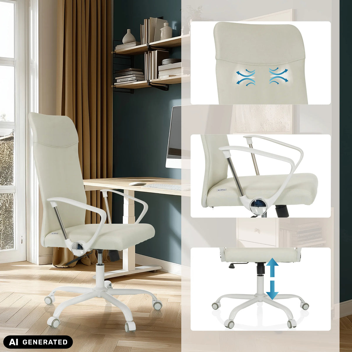 Silla Home Office STRYKA W en beige con soporte lumbar y ajuste de altura de hjh OFFICE (imagen generada por IA)