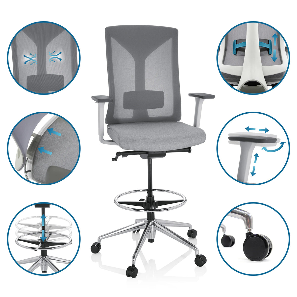 Silla de mostrador HALIFAX WORK gris con reposabrazos ajustables, aro reposapiés y ruedas de hjh OFFICE