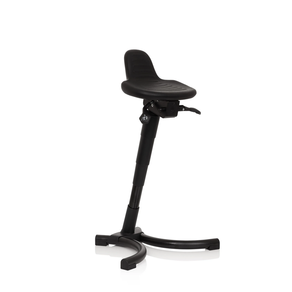 Asiento de pie TOP WORK 34 negro con asiento, respaldo y base de cuatro patas de hjh OFFICE – vista de 360° (vista frontal en diagonal 40°)