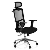 Silla de oficina profesional CAYEN negra con respaldo de malla, reposacabezas y base de cinco ruedas de hjh OFFICE – vista de 360° (vista frontal en diagonal 60°)