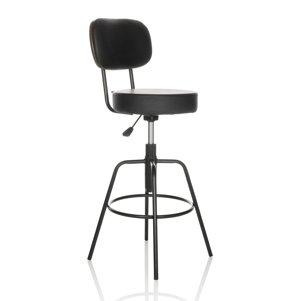 Taburete de bar negro DISC HIGH con respaldo y reposapiés redondo de hjh OFFICE – vista de 360° (vista frontal en diagonal 45°)