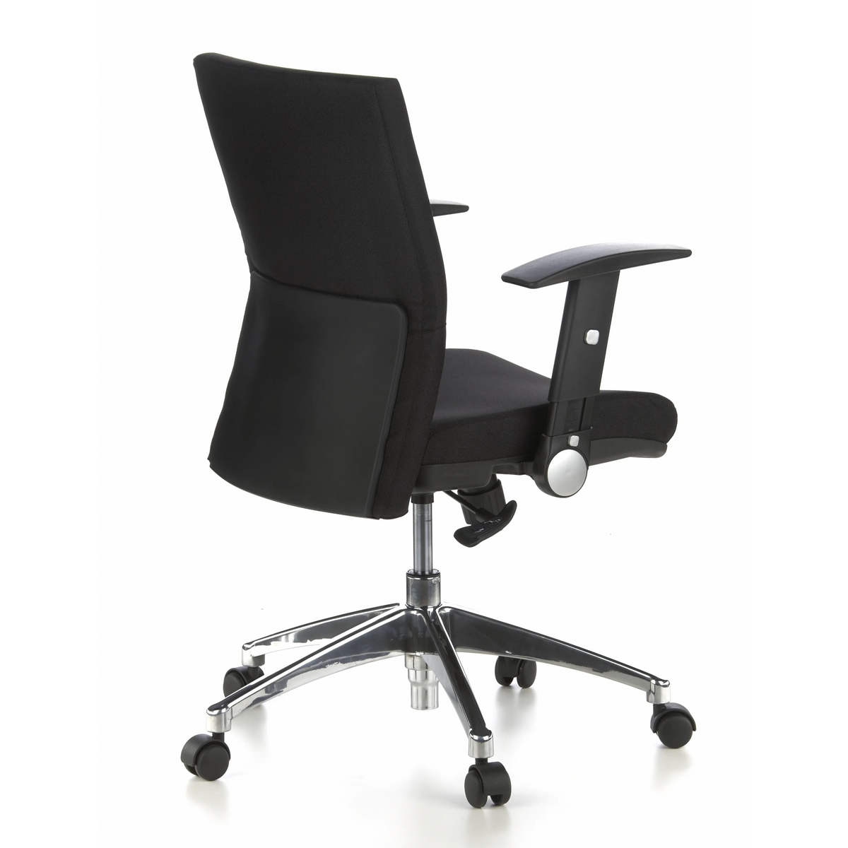 Silla de oficina profesional LAGUNA PRO negra con reposabrazos y base de cinco ruedas de hjh OFFICE – vista de 360° (vista trasera en diagonal 120°)