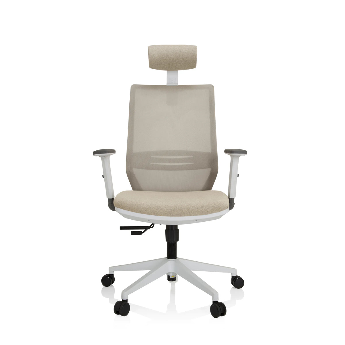 Silla de oficina profesional PROFONDO PRO W beige con respaldo de malla, reposacabezas y base blanca de hjh OFFICE – vista de 360° (vista frontal 0°)