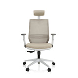Silla de oficina profesional PROFONDO PRO W beige con respaldo de malla, reposacabezas y base blanca de hjh OFFICE – vista de 360° (vista frontal 0°)