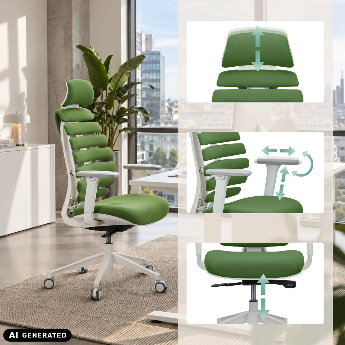 Opciones de ajuste de la silla de oficina profesional ERGO LINE W en verde de hjh OFFICE (imagen generada por IA)