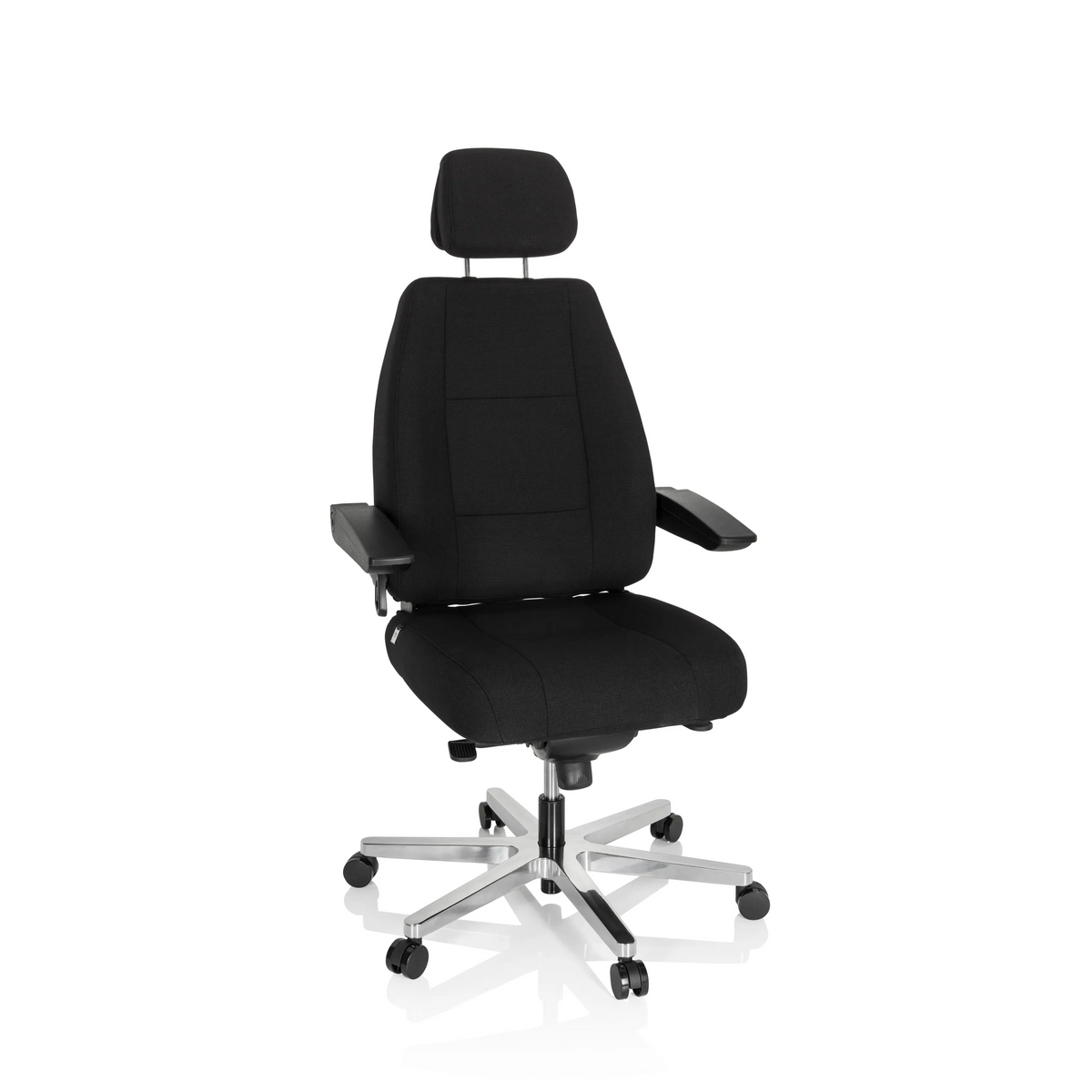 Silla giratoria XXL 24 HOURS I negra con reposacabezas y base de cinco ruedas de hjh OFFICE – vista de 360° (vista frontal 20°)