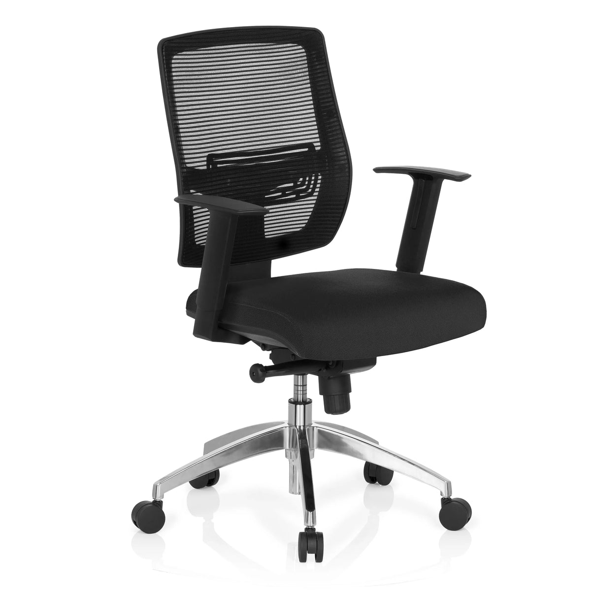Silla de oficina profesional NET 90 negra con respaldo de malla y base de cinco ruedas de hjh OFFICE – vista de 360° (vista frontal en diagonal 40°)