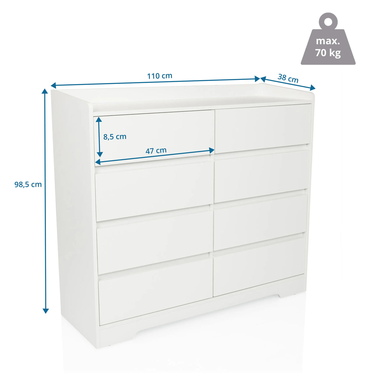 Dibujo dimensional de la Cómoda OSOYRO con 110 × 98,5 cm y una capacidad de carga de 70 kg de hjh LIVING