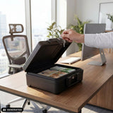 Caja fuerte Safe Compact Slim abierta en color negro con fajos de dinero sobre un escritorio de hjh OFFICE (imagen generada por IA)