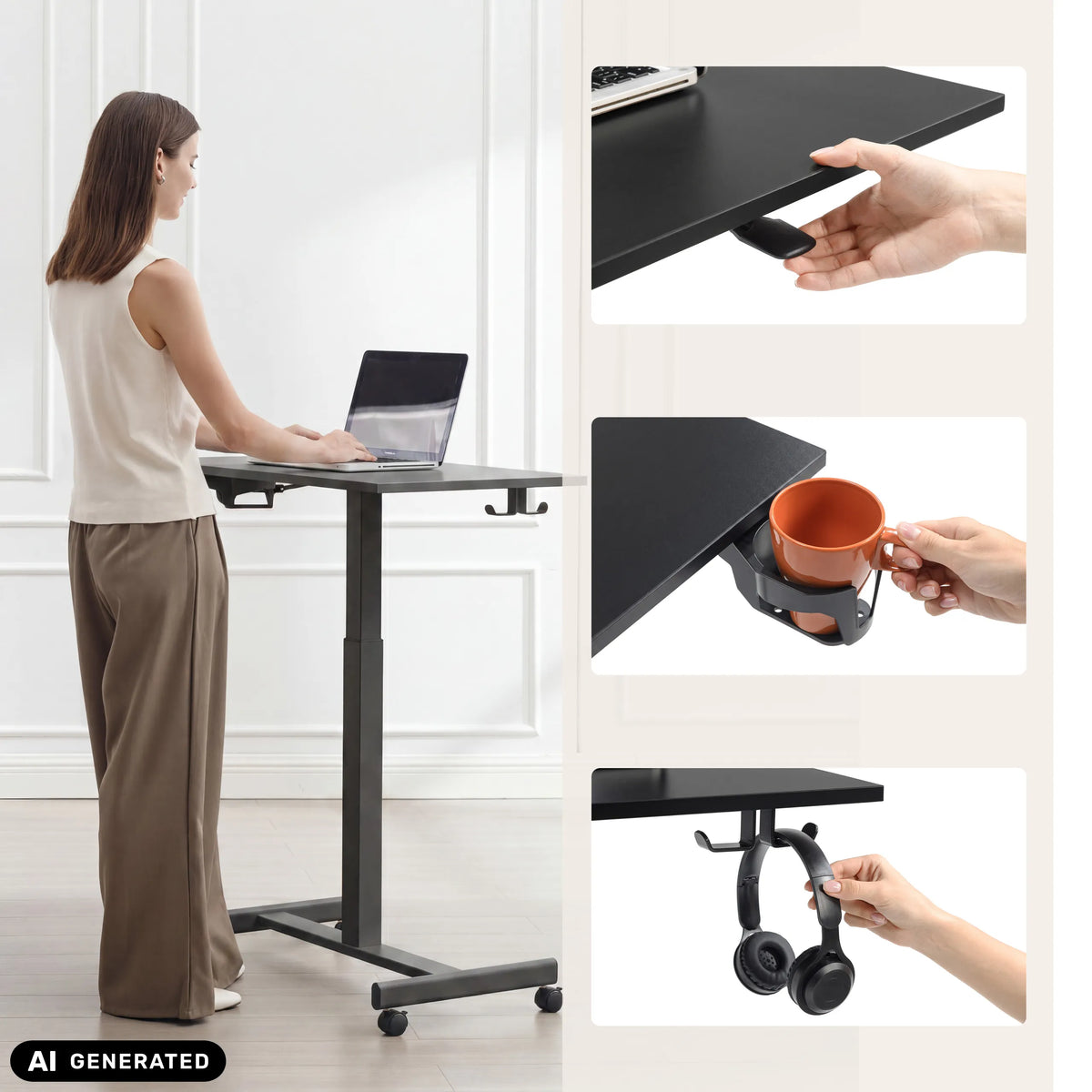 Escritorio de pie Stand K negro con portavasos y gancho para auriculares de hjh OFFICE (imagen generada por IA)