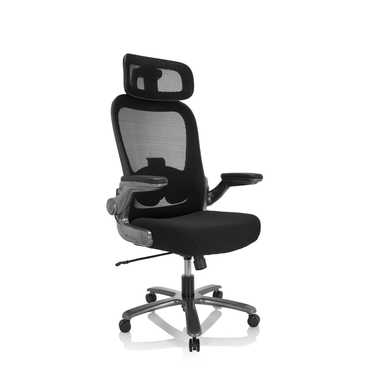 Silla giratoria XXL INSTRUCTOR T I PRO negra con respaldo de malla y base de cinco ruedas de hjh OFFICE – vista de 360° (vista frontal en diagonal 40°)