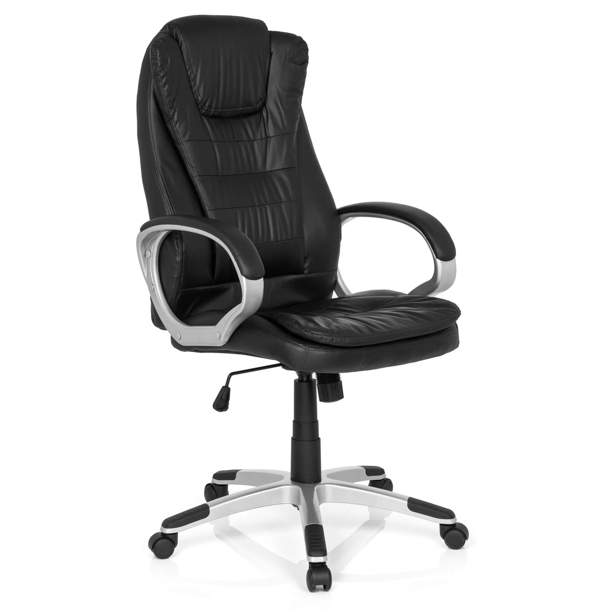 Silla gaming RELAX WB100 negra con respaldo acolchado y base de cinco ruedas de MyBuero – vista de 360° (vista frontal en diagonal 40°)
