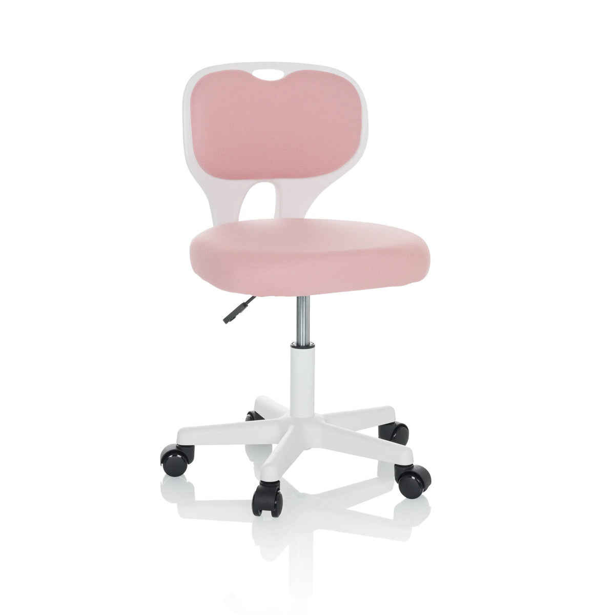 Silla giratoria para niños KIDDY TOP W en color rosa con estructura blanca y base de cinco ruedas de hjh OFFICE – vista de 360° (vista frontal 15°)