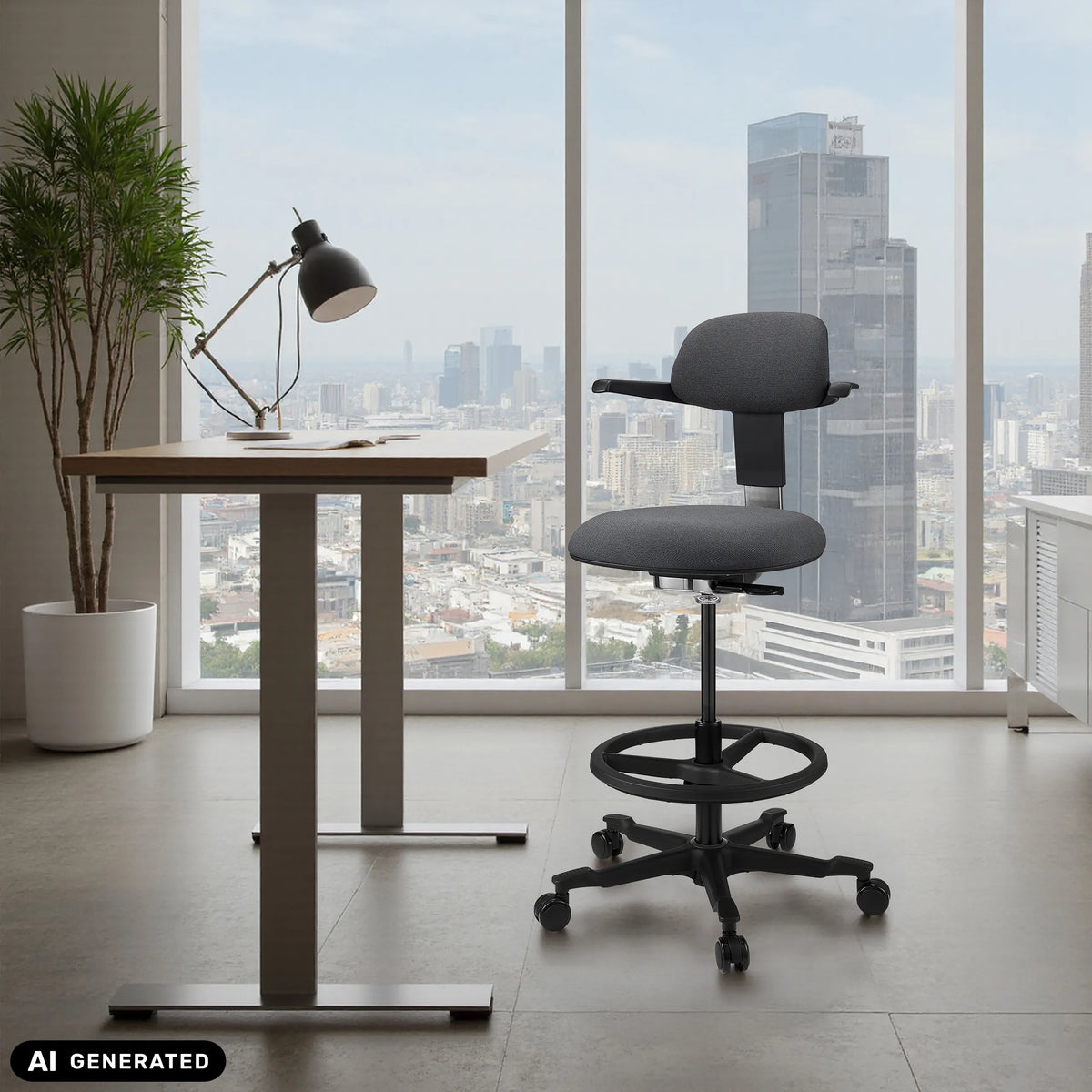 Silla de trabajo TOP WORK 40 gris oscuro con anillo para los pies y ruedas delante de una ventana de hjh OFFICE (imagen generada por IA)