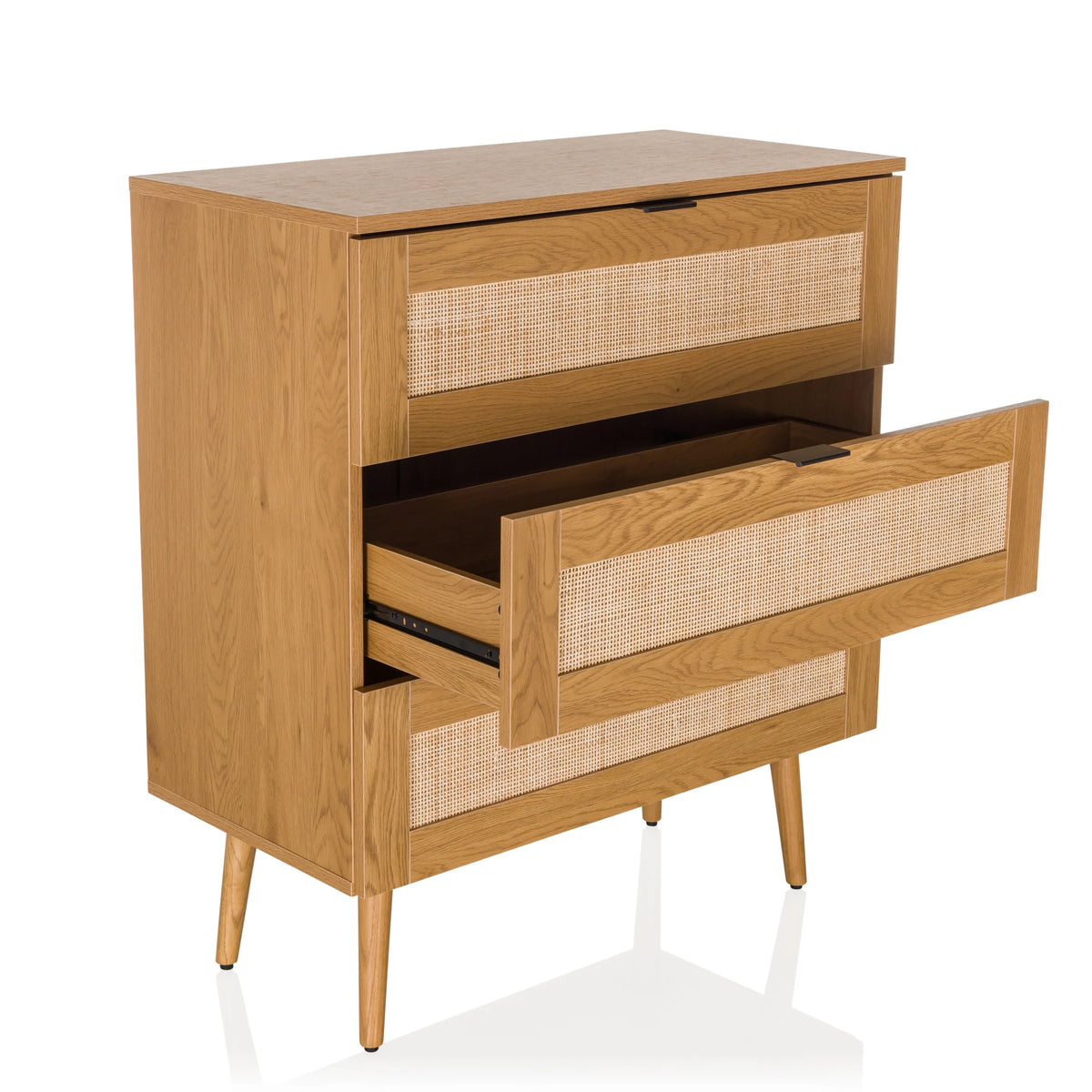 Cómoda BOHEO K de roble con un cajón abierto y frontales de fibras tejidas de hjh LIVING