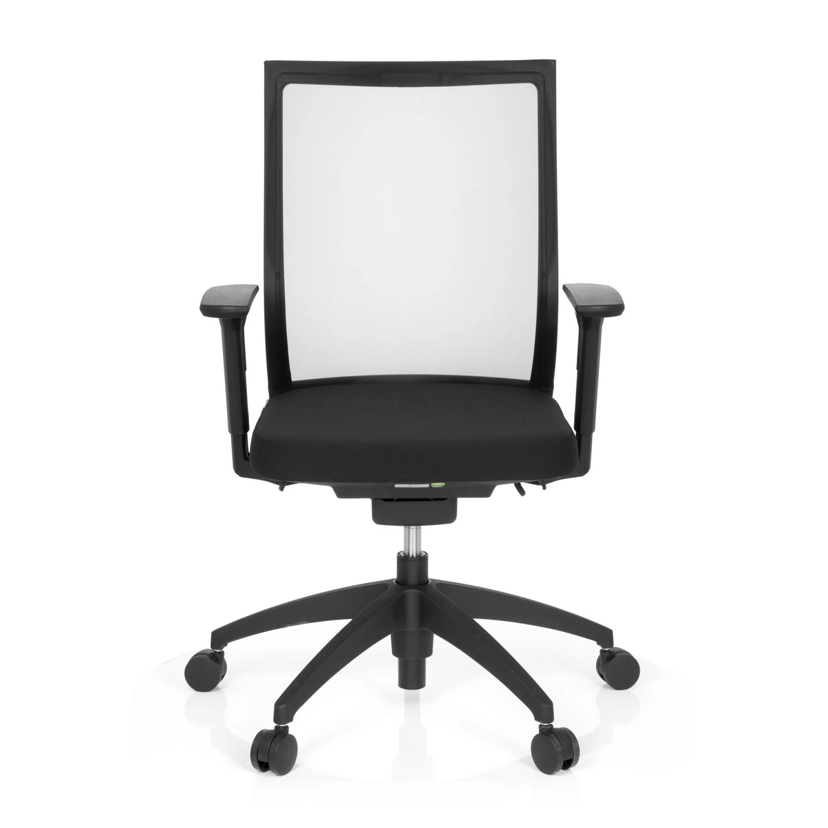 Silla de oficina profesional ASPEN negra con respaldo de malla y base de cinco ruedas de hjh OFFICE – vista de 360° (vista frontal 0°)