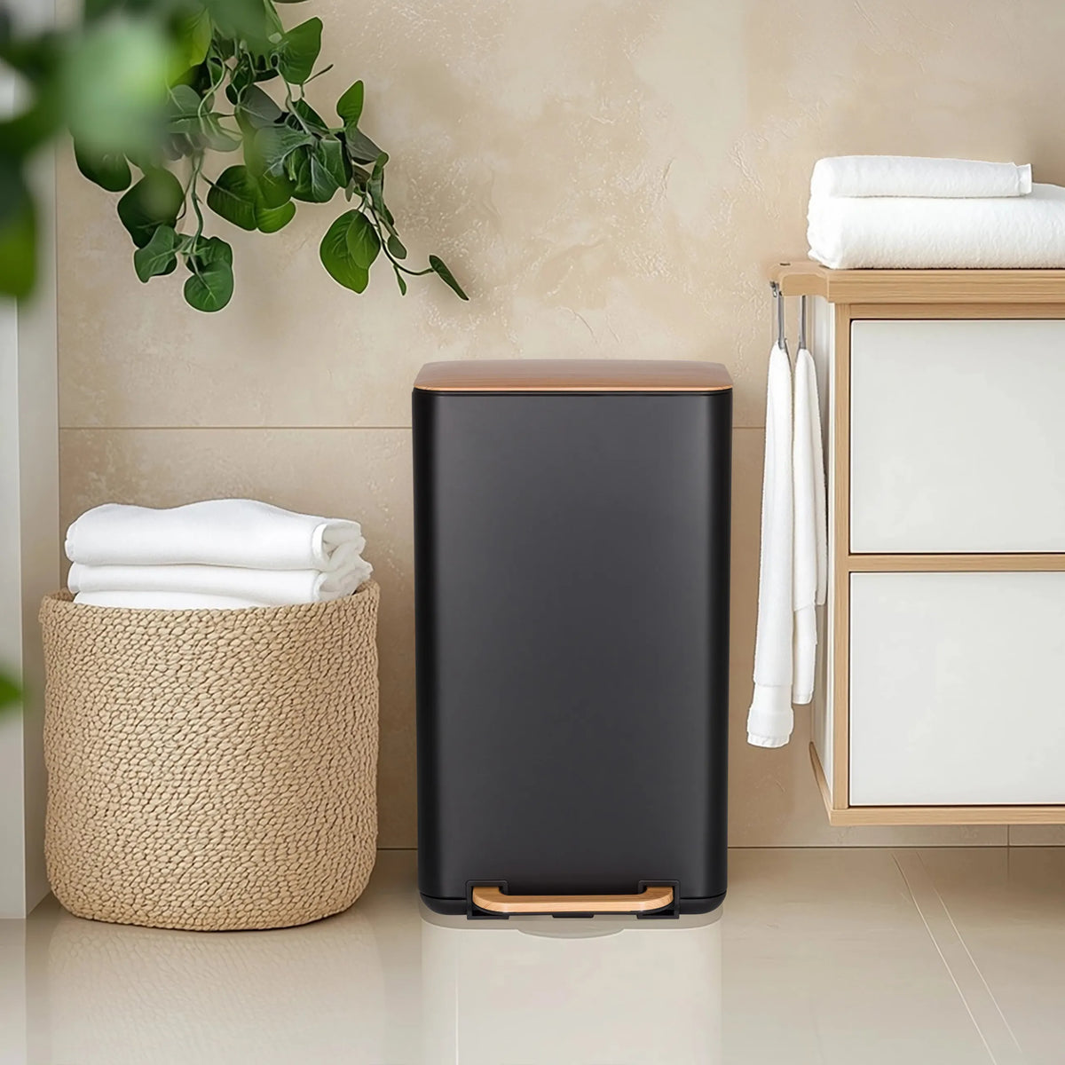 Papelera negra CLEAN NATURA con tapa de madera de nogal y asa de hjh OFFICE