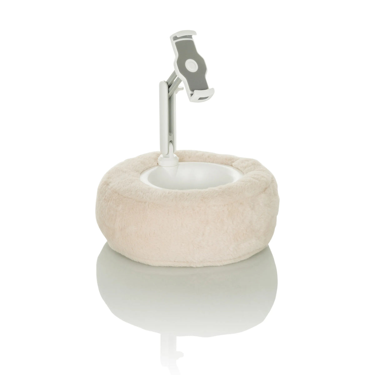 Soporte para teléfono móvil y tableta COMFILAP II beige con cojín de anillo de felpa de hjh OFFICE – vista de 360° (vista lateral 72°)