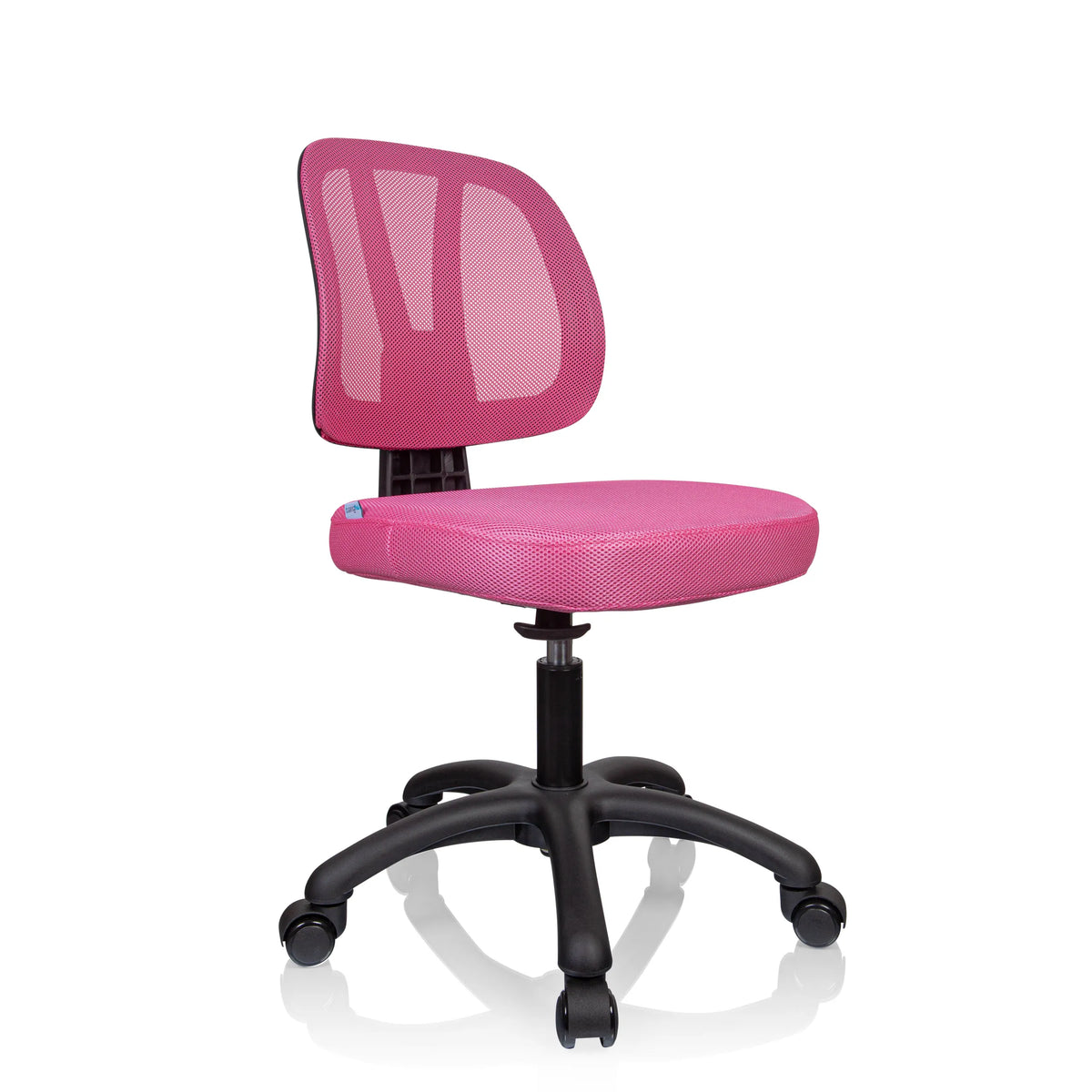 Silla giratoria para niños KID YU 200 rosa con respaldo de malla y base negra de cinco ruedas de hjh OFFICE – vista de 360° (vista frontal en diagonal 45°)