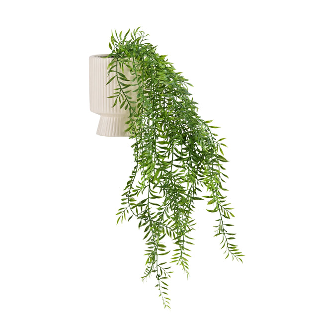 Planta colgante Filix en color verde con una maceta exterior acanalada en color blanco crema de hjh OFFICE