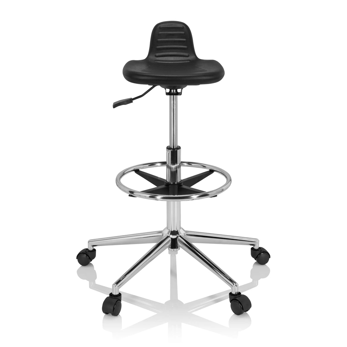 taburete giratorio negro TOP WORK 03 I con aro reposapiés y base de cinco ruedas de hjh OFFICE – vista de 360° (vista frontal 0°)
