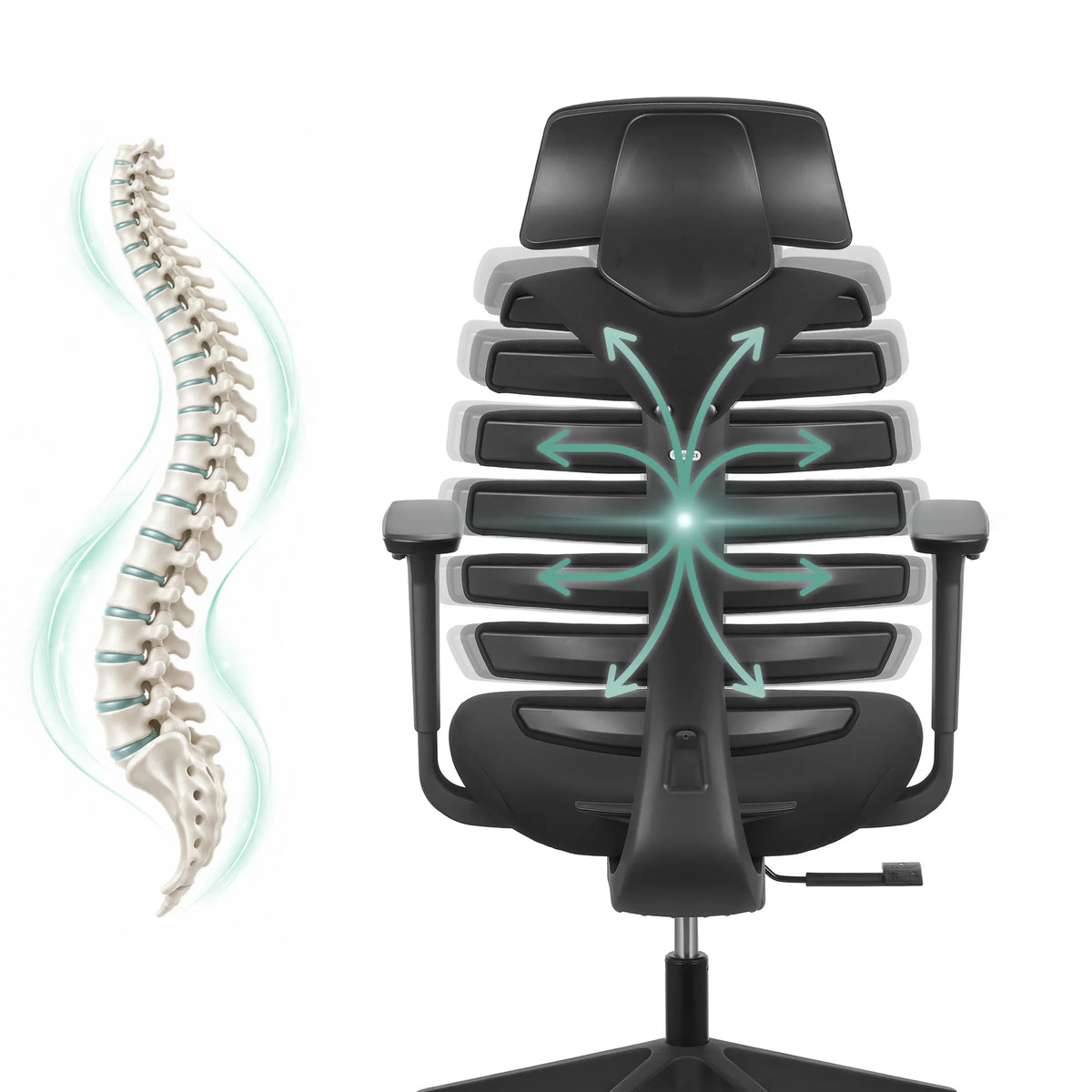 Respaldo de la silla de oficina profesional ERGO LINE ECO con una representación gráfica de la columna vertebral de hjh OFFICE