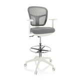 Silla de mostrador TOP WORK 108 W gris con respaldo de malla, aro reposapiés y base blanca de cinco ruedas de hjh OFFICE – vista de 360° (vista frontal 20°)