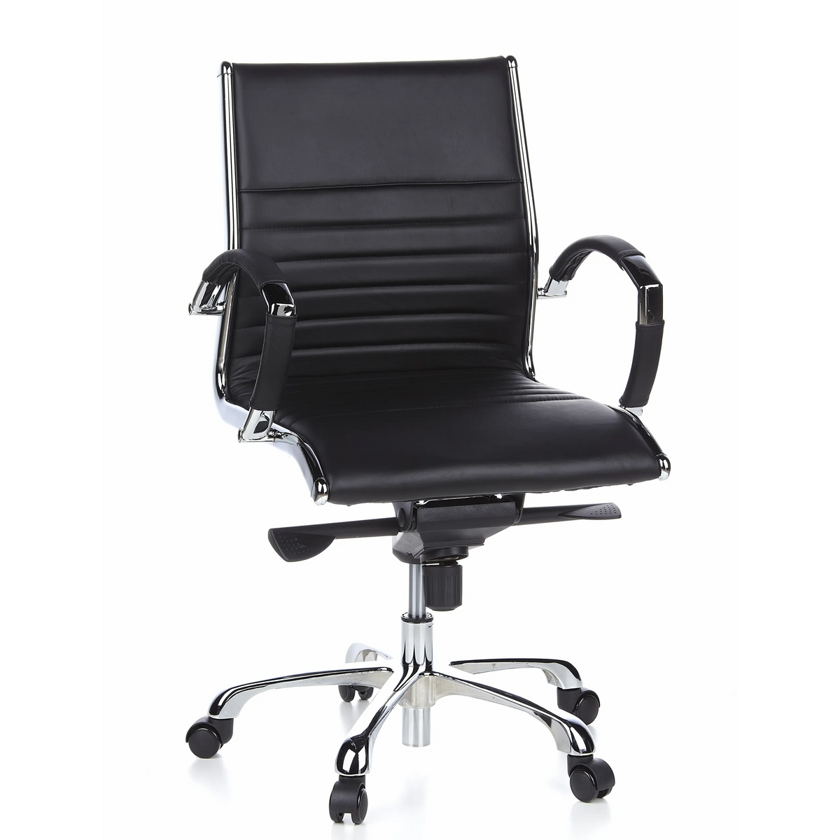 Sillón de oficina profesional PARMA 10 negro con costura transversal y base brillante de cinco ruedas de hjh OFFICE – vista de 360° (vista frontal 20°)