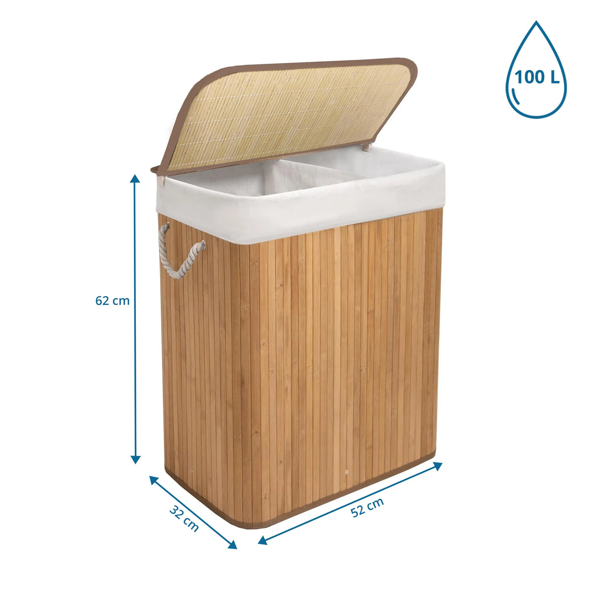 Dibujo dimensional de la Cesta de ropa FALSTER XL B con 62 x 52 x 32 cm y capacidad de 100 L de hjh LIVING