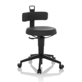 Taburete giratorio TOP WORK FLEX PU negro de cuero sintético con respaldo y base de cinco ruedas de hjh OFFICE – vista de 360° (vista frontal en diagonal 30°)