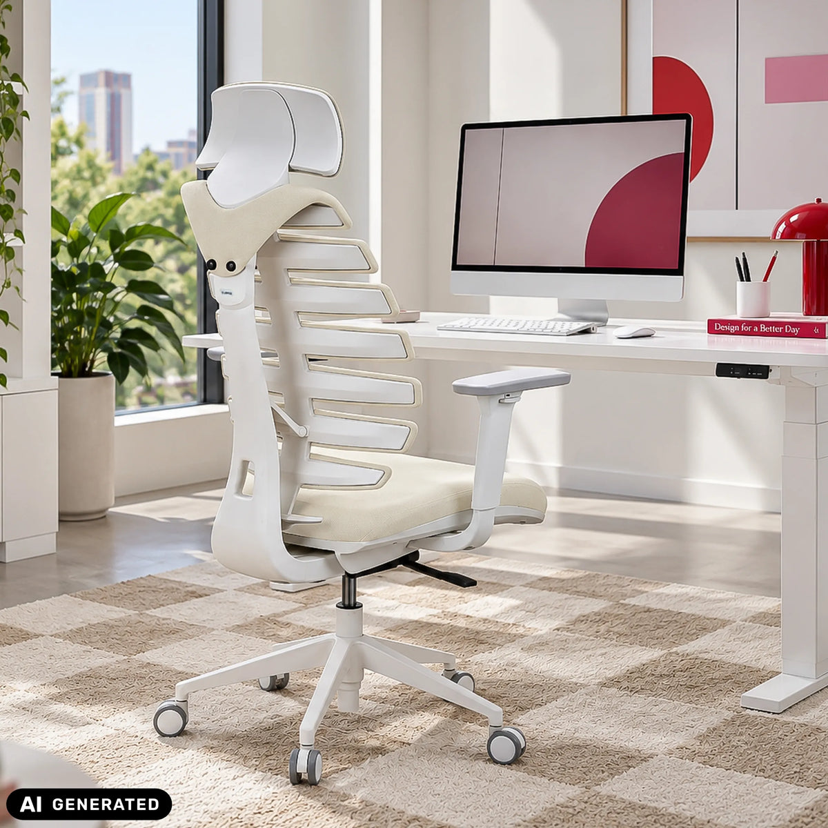 Silla de oficina profesional ERGO LINE W en Salted Caramel con tapicería de tela y estructura blanca de hjh OFFICE (imagen generada por IA)