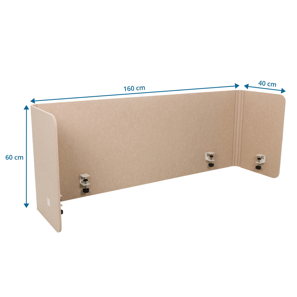 Dibujo dimensional del separador de mesa FLEXMIUT U de 160 × 60 cm de hjh OFFICE