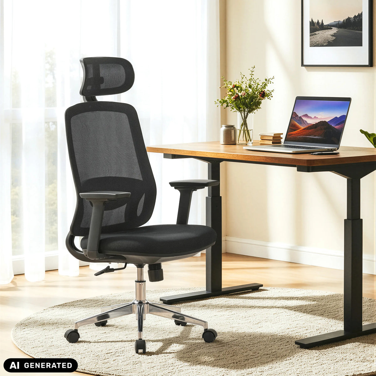 Silla de oficina profesional Ergosento negra con reposacabezas en un escritorio de hjh OFFICE (imagen generada por IA)