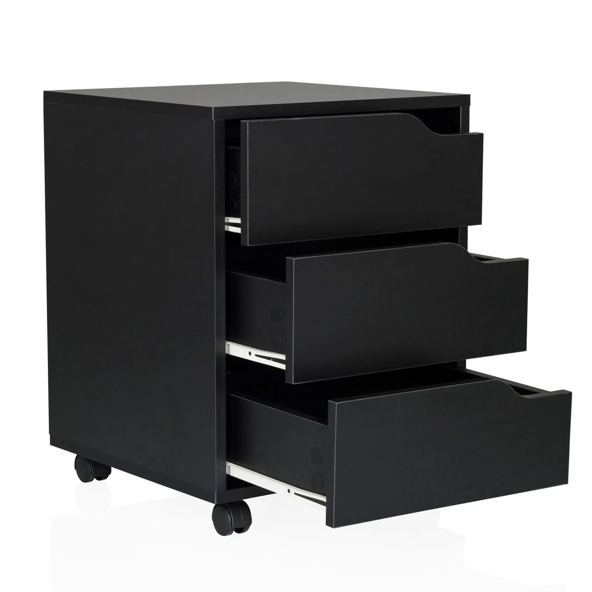 Archivador rodante ORGANISER I negro con tres cajones abiertos sobre ruedas de hjh OFFICE