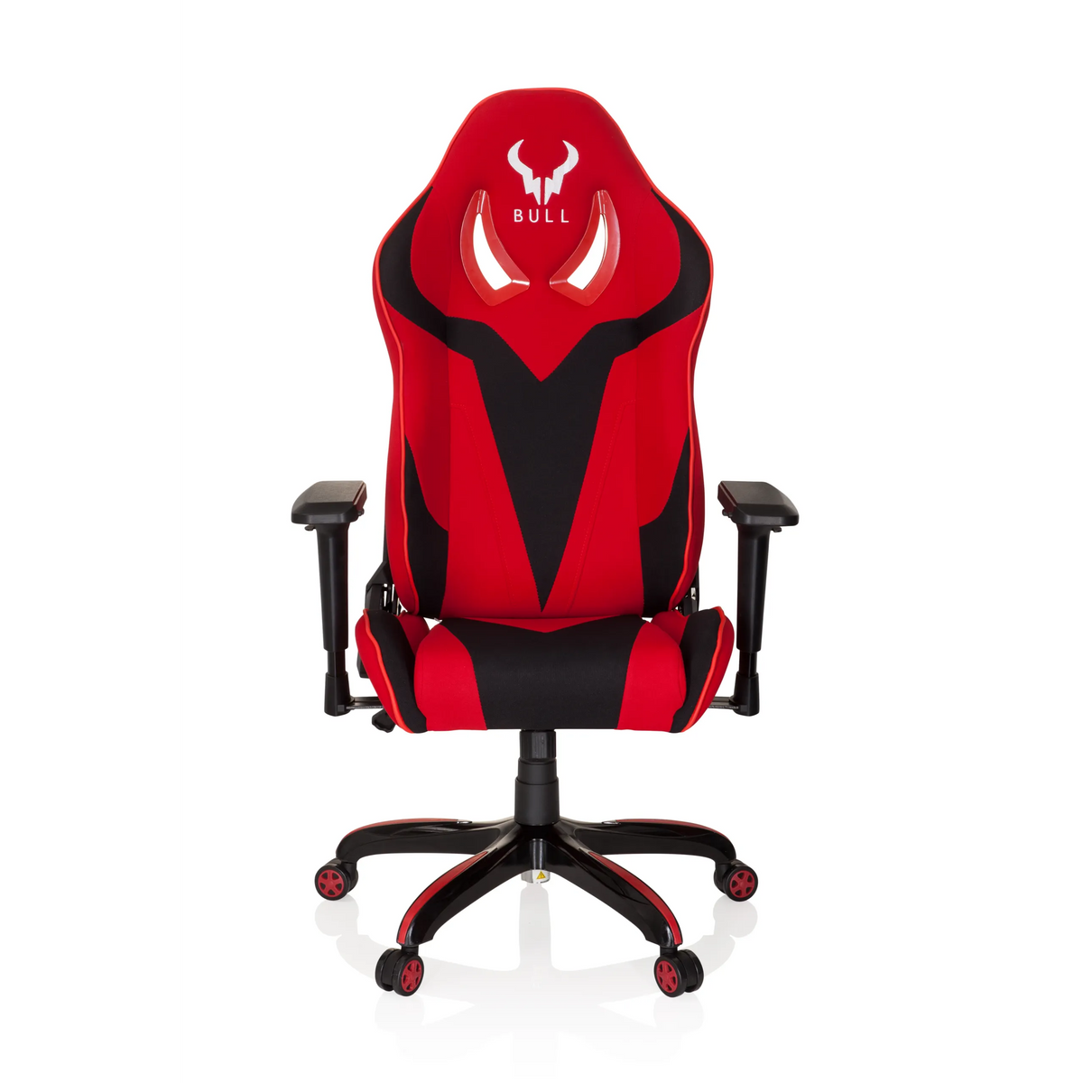 Silla gaming PROMOTER II en rojo y negro con reposabrazos y base de cinco ruedas de hjh OFFICE – vista de 360° (vista frontal 0°)