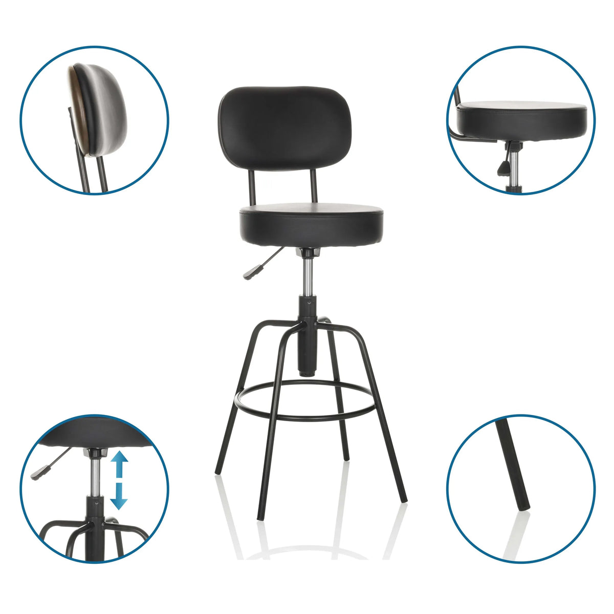 Taburete de bar DISC HIGH negro con respaldo, ajuste de altura por elevador de gas y reposapiés circular de hjh OFFICE