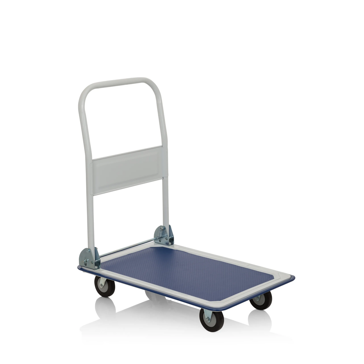 carretilla de transporte CARRY azul y blanca con asa plegable y cuatro ruedas de hjh OFFICE – vista de 360° (vista frontal 20°)