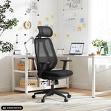 Silla de oficina profesional Filaro negra con respaldo de malla en un escritorio blanco de hjh OFFICE (imagen generada por IA)