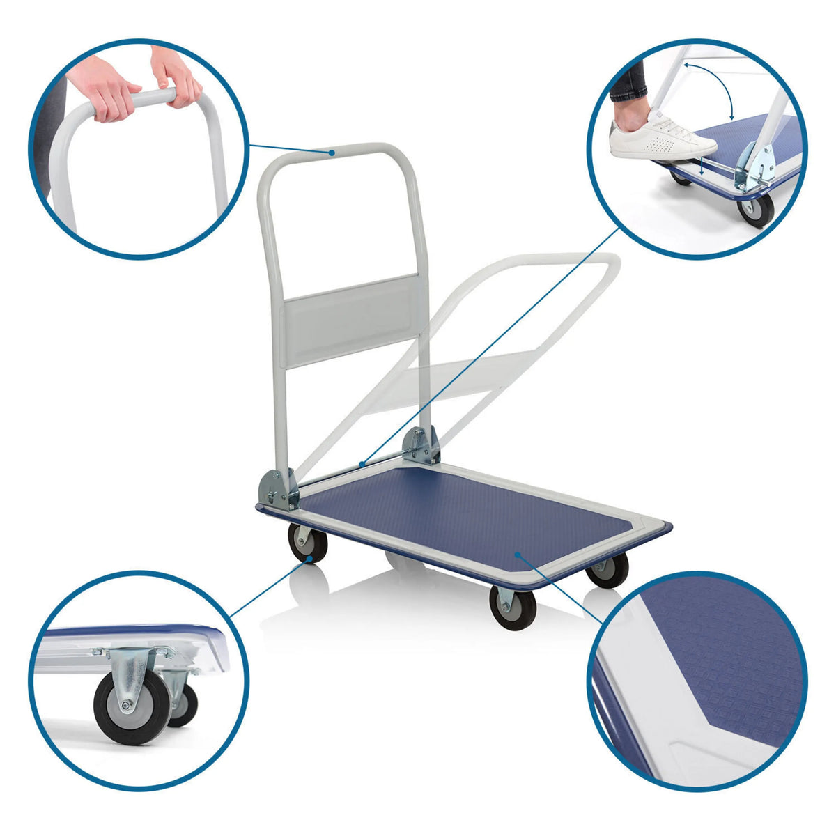 Carretilla de transporte CARRY azul y blanca con vistas detalladas del mango, las ruedas y la superficie de carga de hjh OFFICE