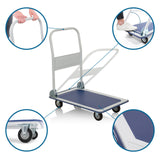 Carretilla de transporte CARRY azul y blanca con vistas detalladas del mango, las ruedas y la superficie de carga de hjh OFFICE