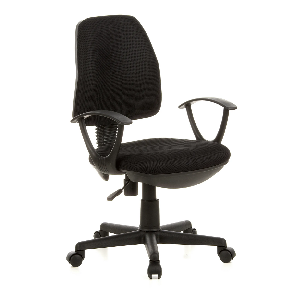 Silla Home Office CITY 10 negra con respaldo de malla, reposabrazos y base de cinco ruedas de hjh OFFICE – vista de 360° (vista frontal en diagonal 40°)