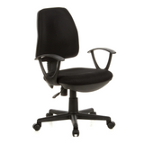 Silla Home Office CITY 10 negra con respaldo de malla, reposabrazos y base de cinco ruedas de hjh OFFICE – vista de 360° (vista frontal en diagonal 40°)