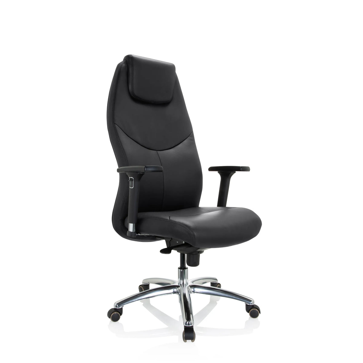 Sillón de oficina profesional FERRARA negro con reposacabezas integrado y base de cinco ruedas de hjh OFFICE – vista de 360° (vista frontal en diagonal 40°)