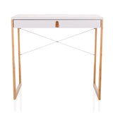 Escritorio blanco TAROLO II con un cajón, tirador de cuero marrón y patas de madera de hjh LIVING – vista de 360° (vista frontal 0°)