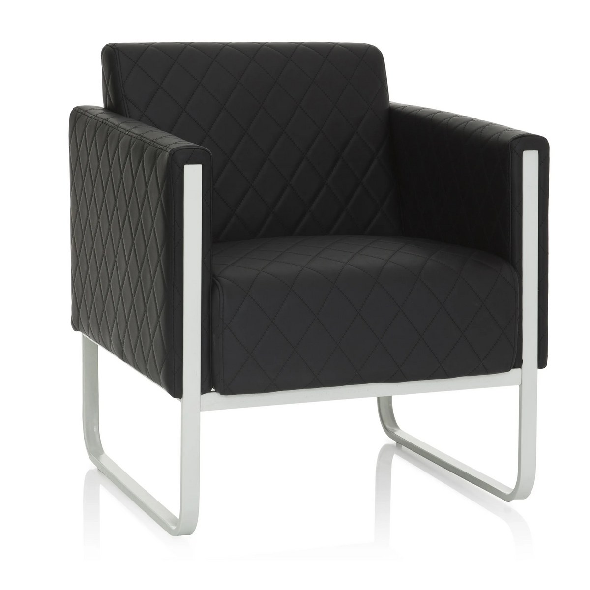 Sillón tapizado negro ARUBA STEP con costuras de diamante y estructura plateada de hjh OFFICE – vista de 360° (vista frontal 20°)