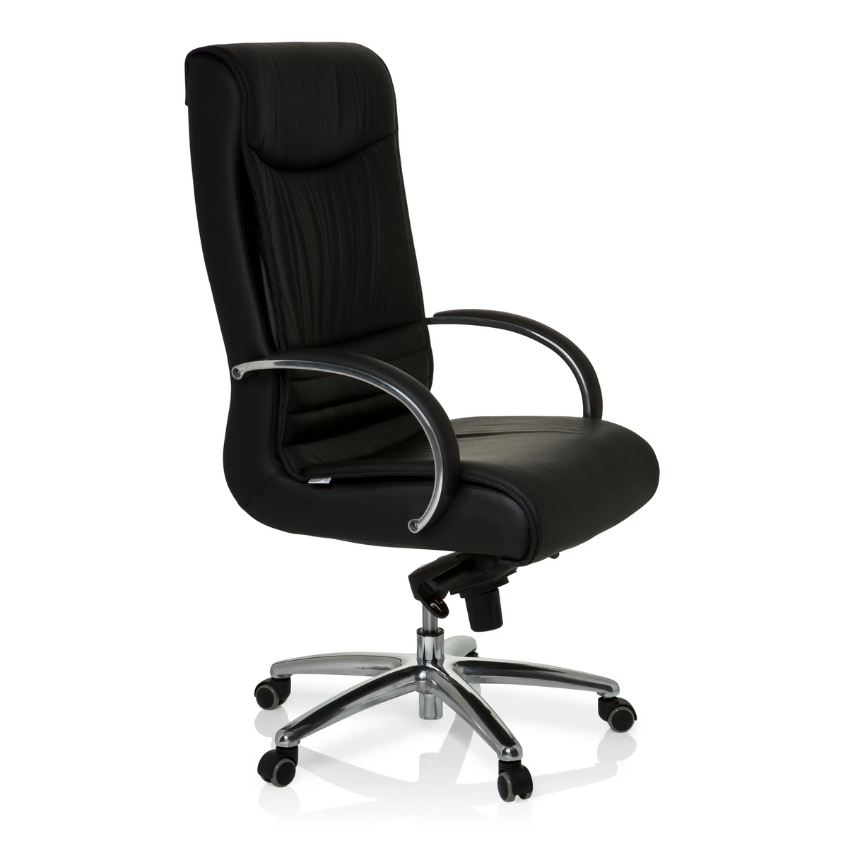 Silla giratoria XXL F 400 negra de cuero con base de estrella y cinco ruedas de hjh OFFICE – vista de 360° (vista frontal en diagonal 60°)