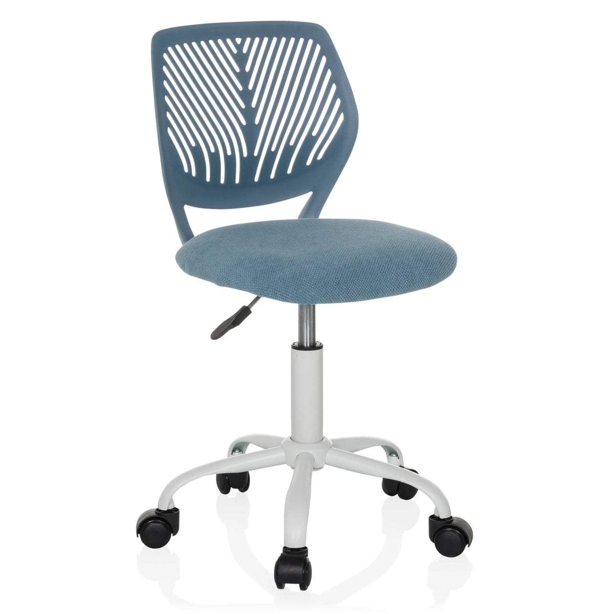 Silla giratoria para niños KID QW azul con respaldo perforado y base blanca de cinco ruedas de hjh OFFICE – vista de 360° (vista frontal en diagonal 30°)
