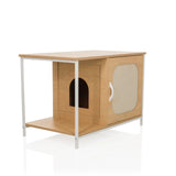 Casa para gatos KITTYHOME 1 blanca con un estante abierto y un armario con puerta de tela de hjh LIVING – vista de 360° (vista frontal en diagonal 45°)